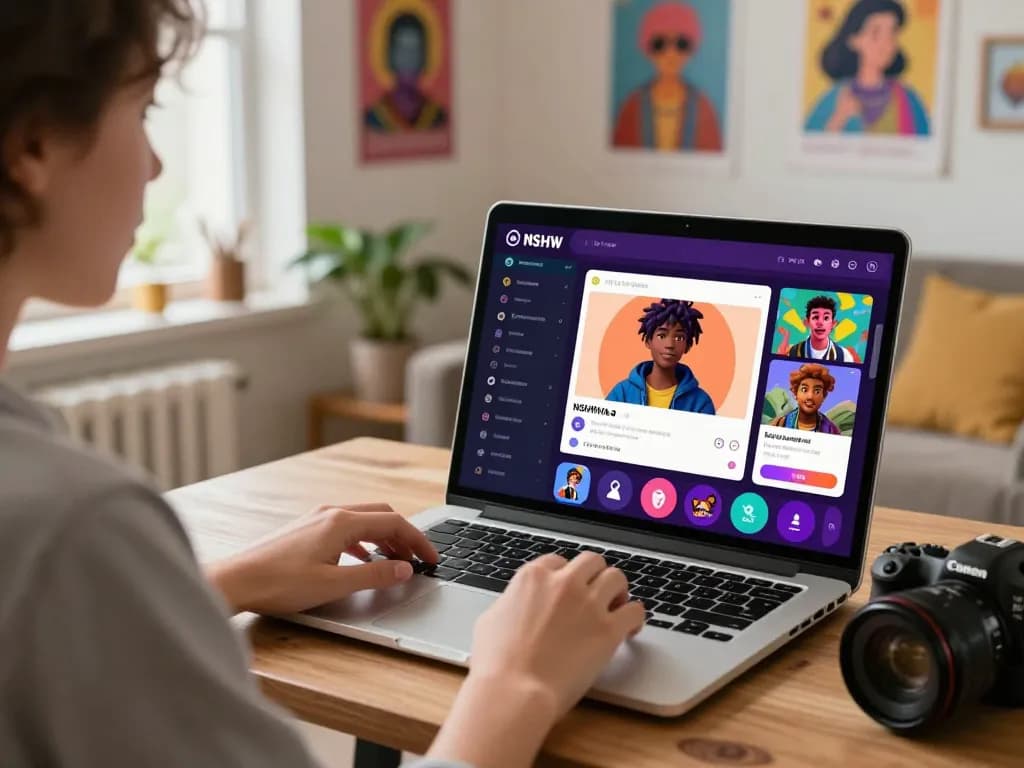 Engaging scene of a user enjoying an nsfw ai chat on a laptop with vibrant character interactions in a cozy setting.