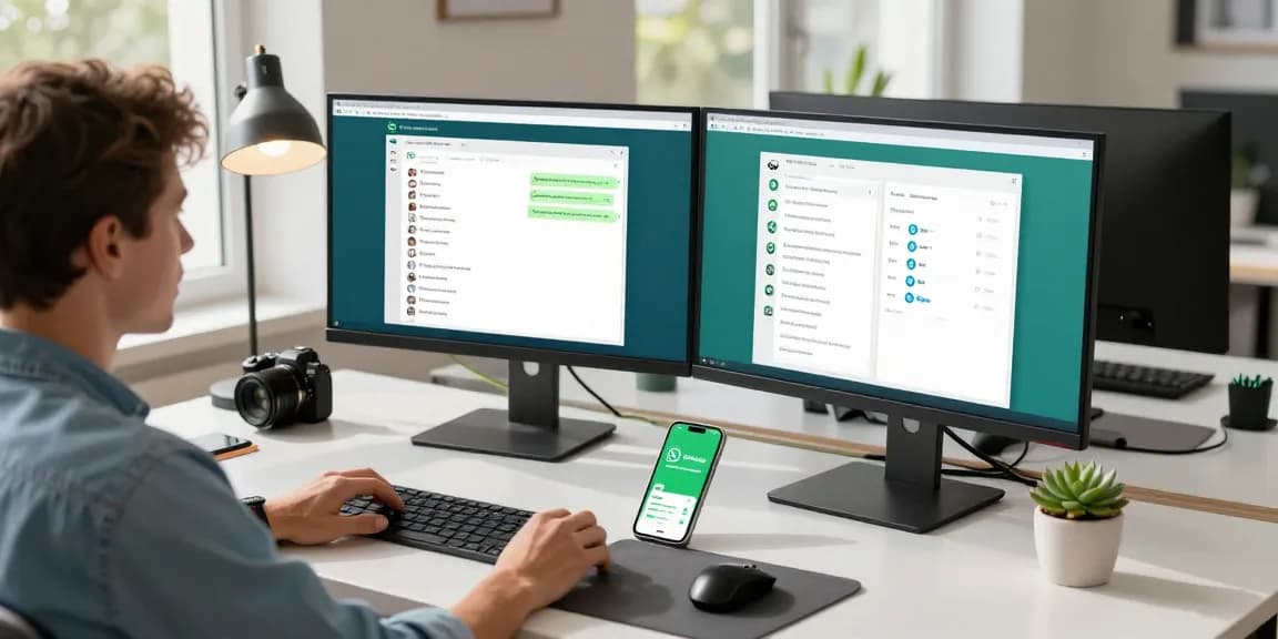Professional user engaging with WhatsApp網頁版 on dual monitors in a modern workspace.