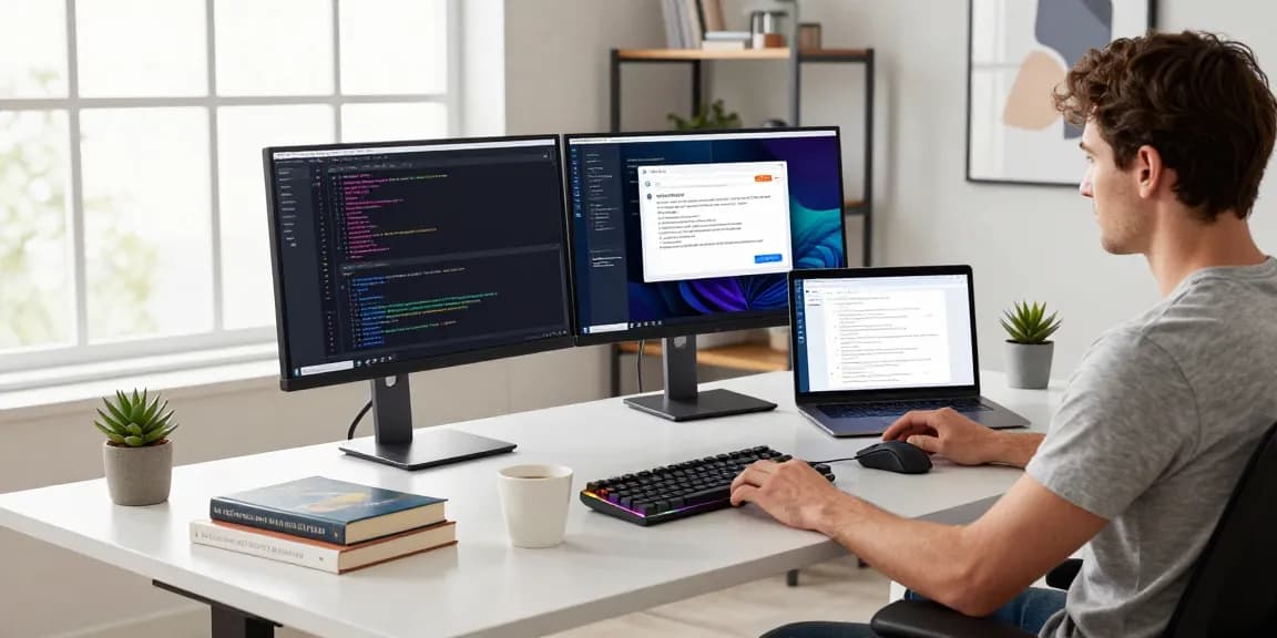 Developer creating ai nsfw content in a modern workspace with dual monitors and coding tools.