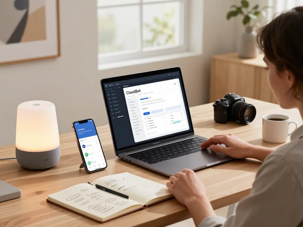 Engaging workspace scene showcasing ClawdBot mac integration on a stylish MacBook, surrounded by smart devices and productivity elements.