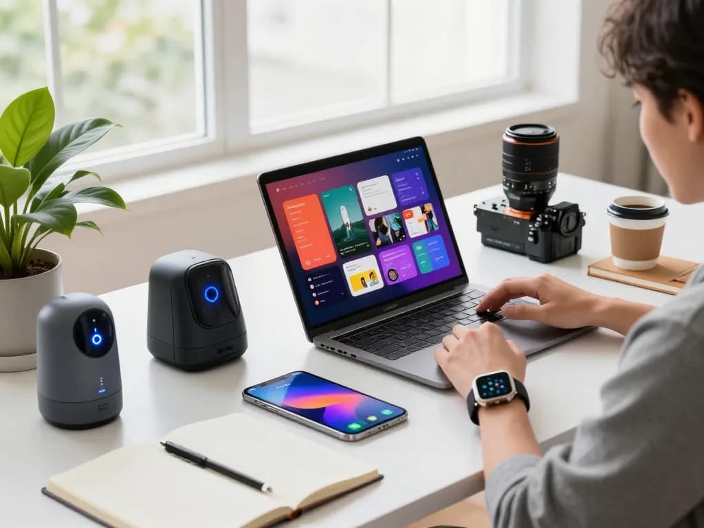 Engaging modern workspace featuring unique tech gadgets like smartwatches and controllers.