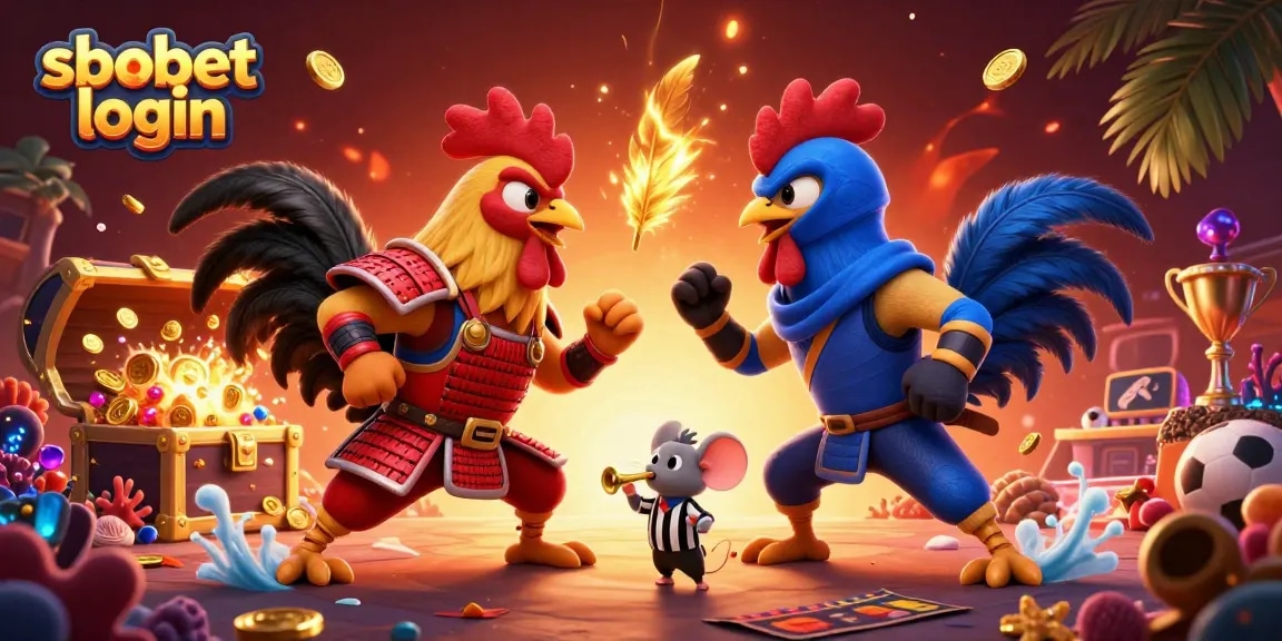 Engage with the sbobet login platform while witnessing a vibrant showdown between fighting roosters in a dynamic casino scene.