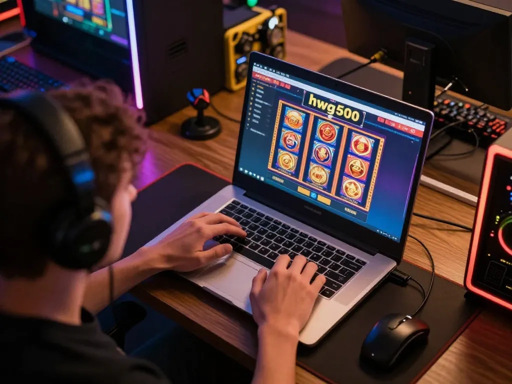 Orang yang terlibat dalam permainan online di kasino hwg500, laptop menampilkan grafik mesin slot yang cerah.