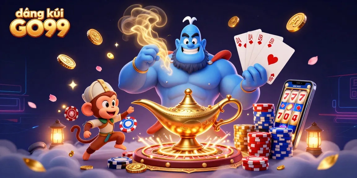 Experience đăng ký GO99 with an action-packed 3D casino illustration featuring a blue genie, poker chips, and a dynamic atmosphere.