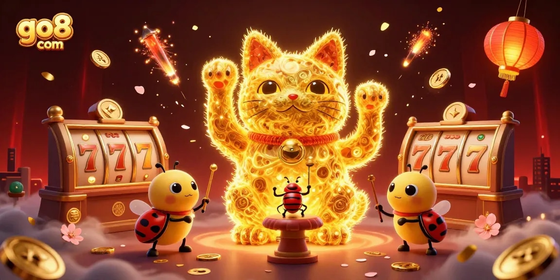 Engage with exciting games on go8 com, featuring vibrant casino symbols and golden fireflies.
