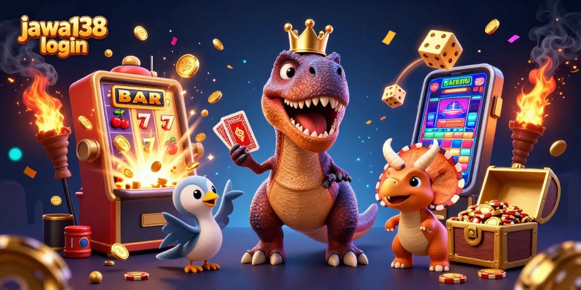 Permainan seru dengan slot jackpot di jawa138 login, T-Rex dan teman-temannya sedang bermain kartu satu sama lain.