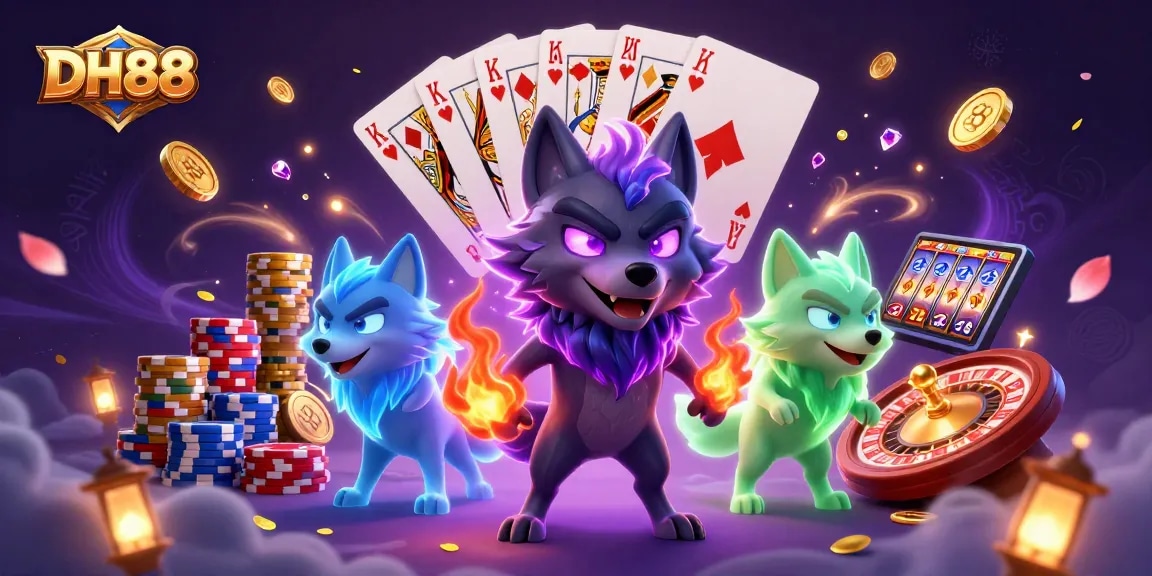 Engage with DH88's thrilling casino scene featuring spectral wolves, golden coins, and royal flush cards.
