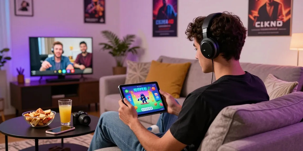 Engaging gaming moment using CIKA4D on a tablet in a cozy living room, showcasing vibrant Mahjong interface and social interaction.