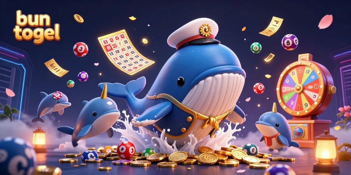 Engage in bun togel with a vibrant 3D scene featuring a whale, narwhal, and dolphins among colorful lottery elements.