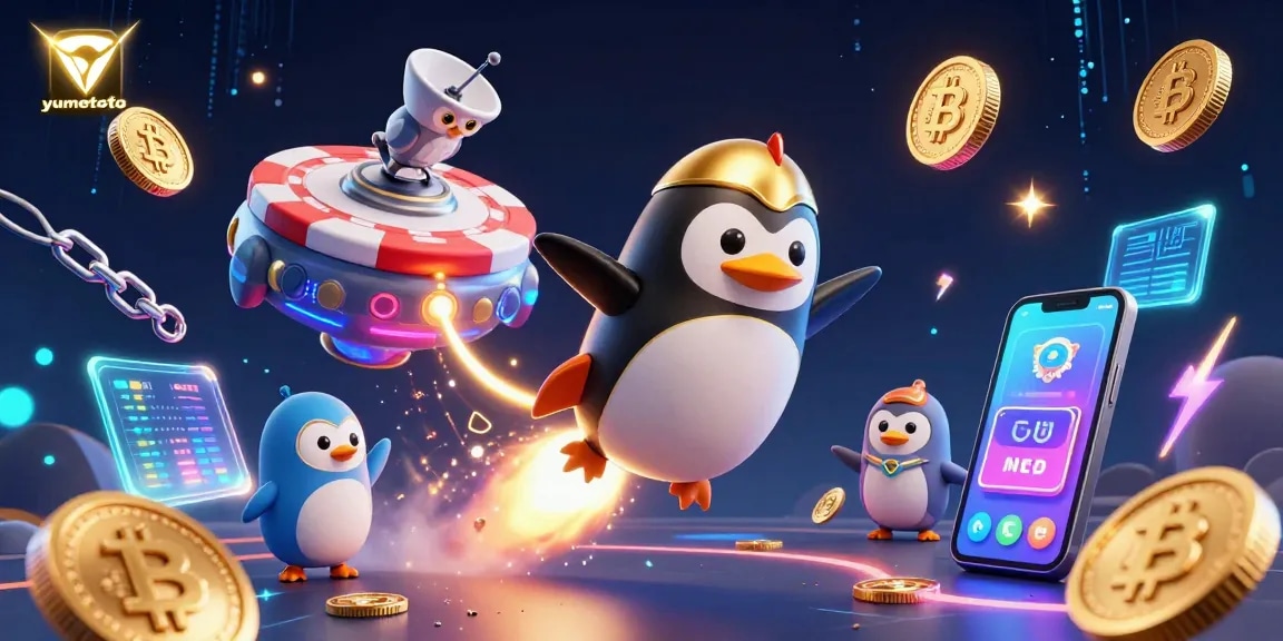 Experience yumetoto's thrilling adventure with a rocket-powered penguin navigating a vibrant casino universe.