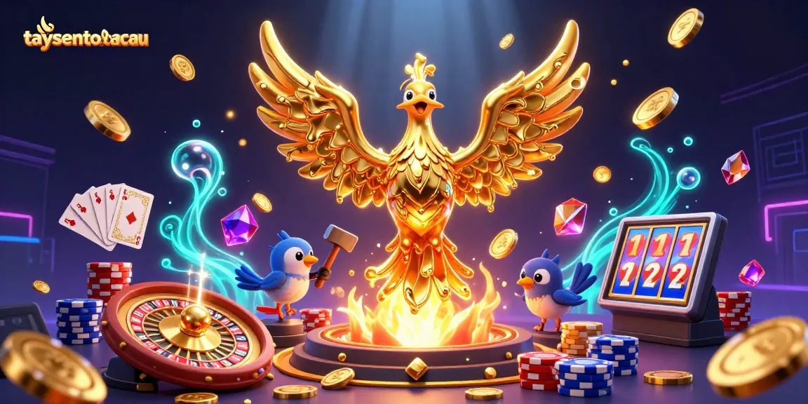Taysentotomacau menghadirkan phoenix emas yang dramatis dan detail dalam suasana kasino yang dinamis.