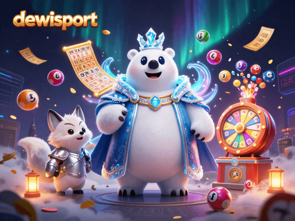 Play with dewisport's vibrant lottery scene featuring ice king and snow fox characters.