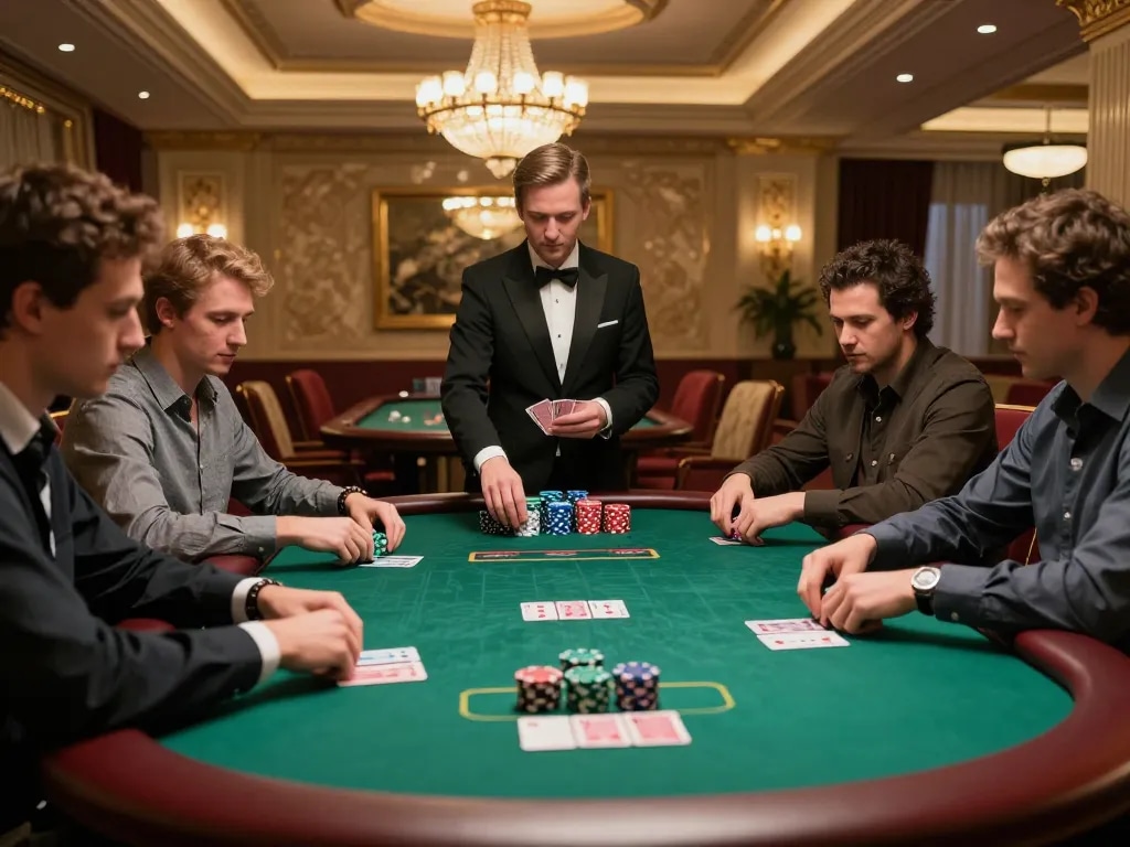 CM88 poker players strategizing on high-stakes table, dynamic casino atmosphere.