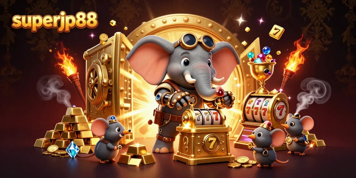 Win big with superjp88: vibrant 3D scene of a steampunk elephant operating a slot machine amidst gold treasures.