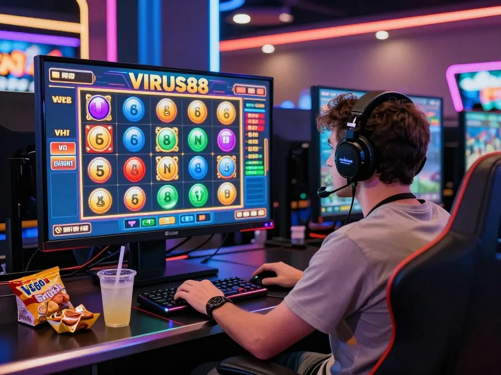Pemain terlibat dalam pengalaman permainan slot online VIRUS88 dengan grafik yang hidup dan suasana yang mendebarkan.