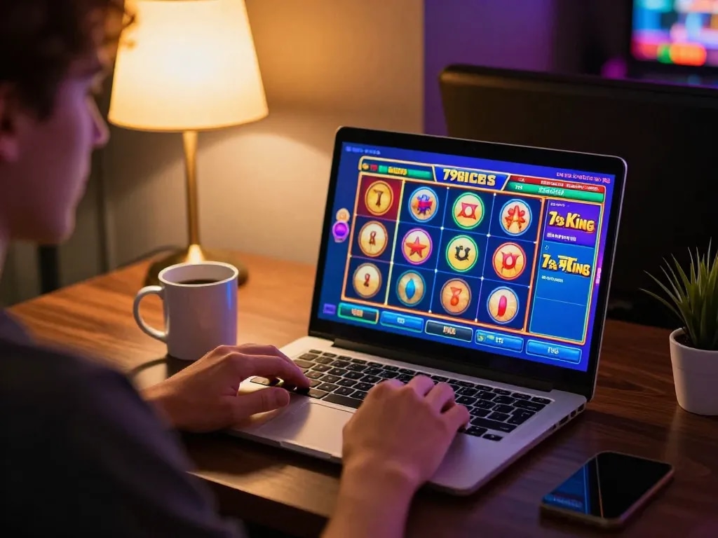 Engaged player exploring 79king casino games on laptop with vibrant slot machine interface.