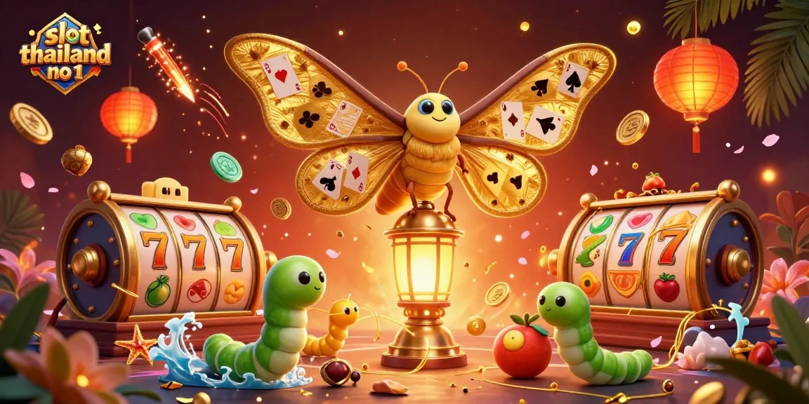 Spin the reels with slot thailand no 1 amidst a vibrant casino scene featuring golden butterflies and festive decor.