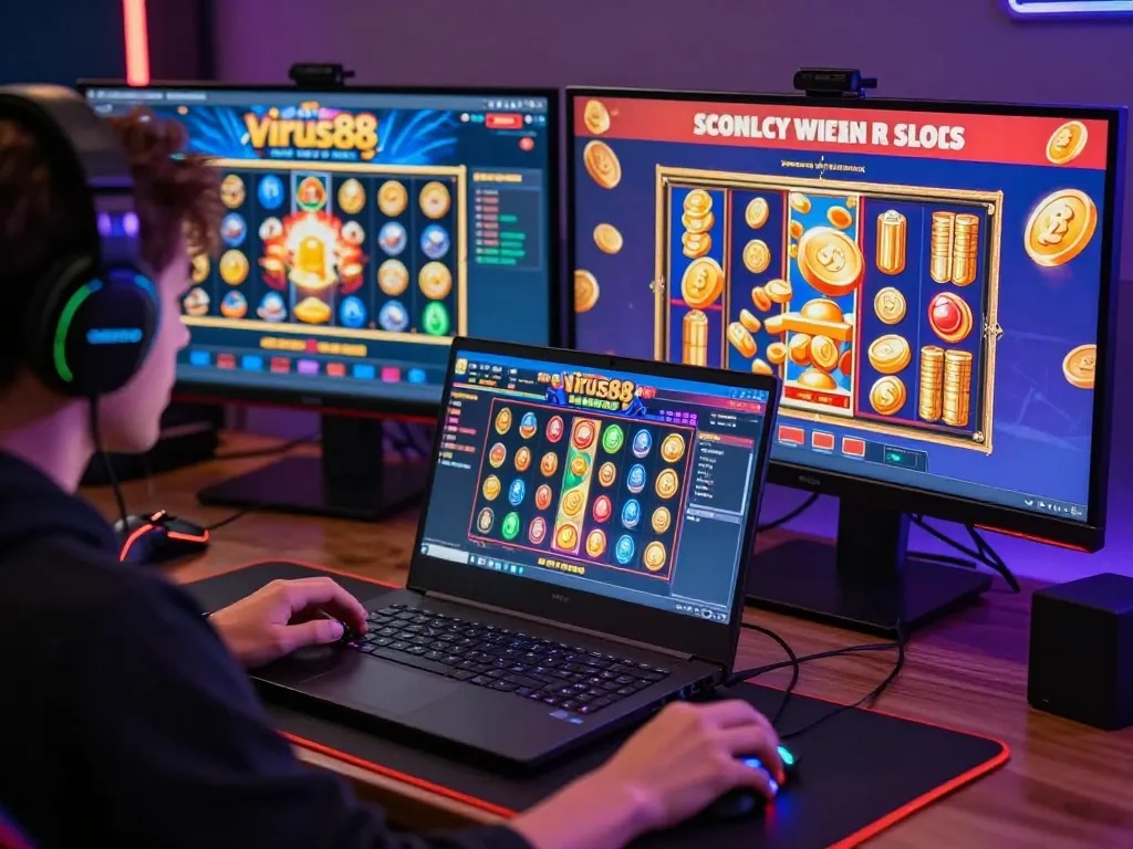 Pemain mengalami dunia mendebarkan dari slot online virus88 dengan visual berwarna-warni dan pengaturan permainan yang imersif.