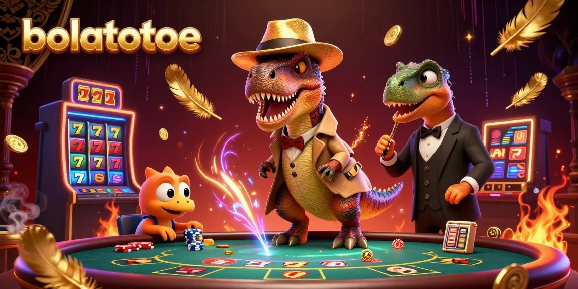 Engage with bolatotoe's vibrant casino scene featuring a clever velociraptor card counter and suspicious dinosaurs.