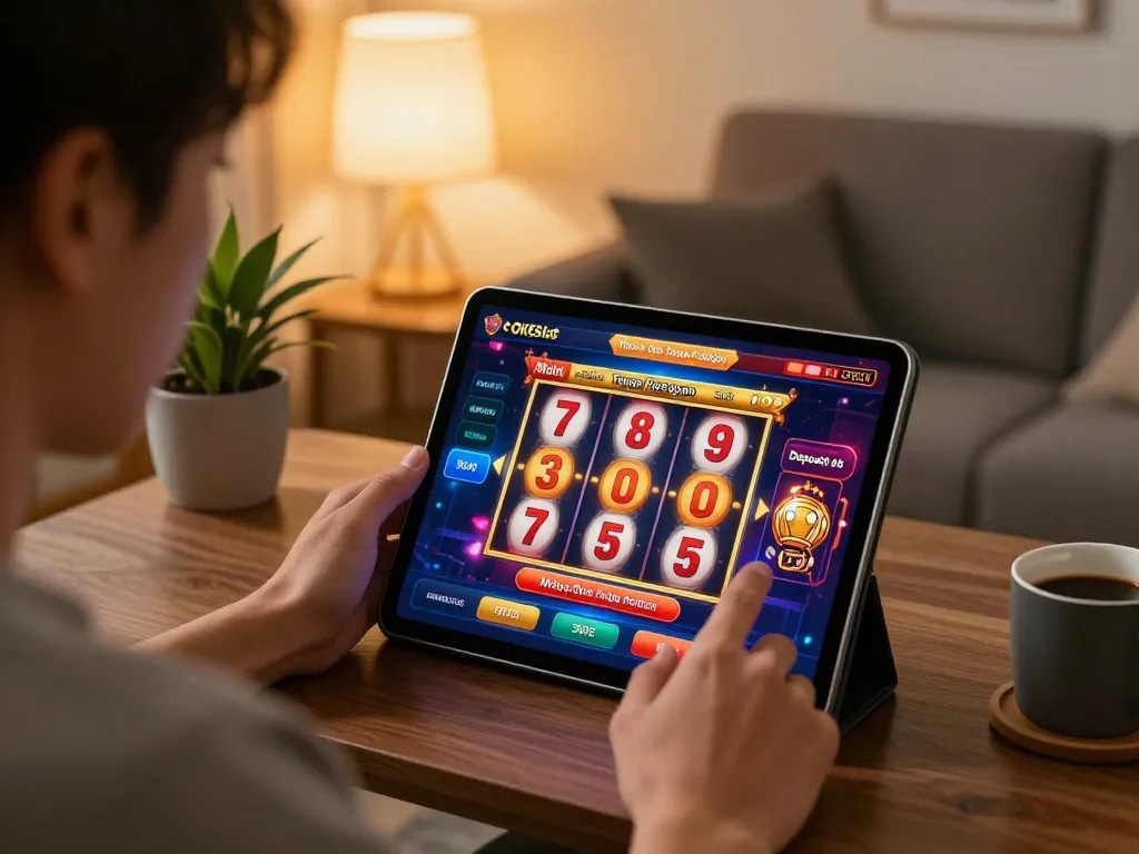 Antarmuka Main OKESlot Deposit Qris Tanpa Potongan terlihat saat seseorang bermain slot online dari rumah.