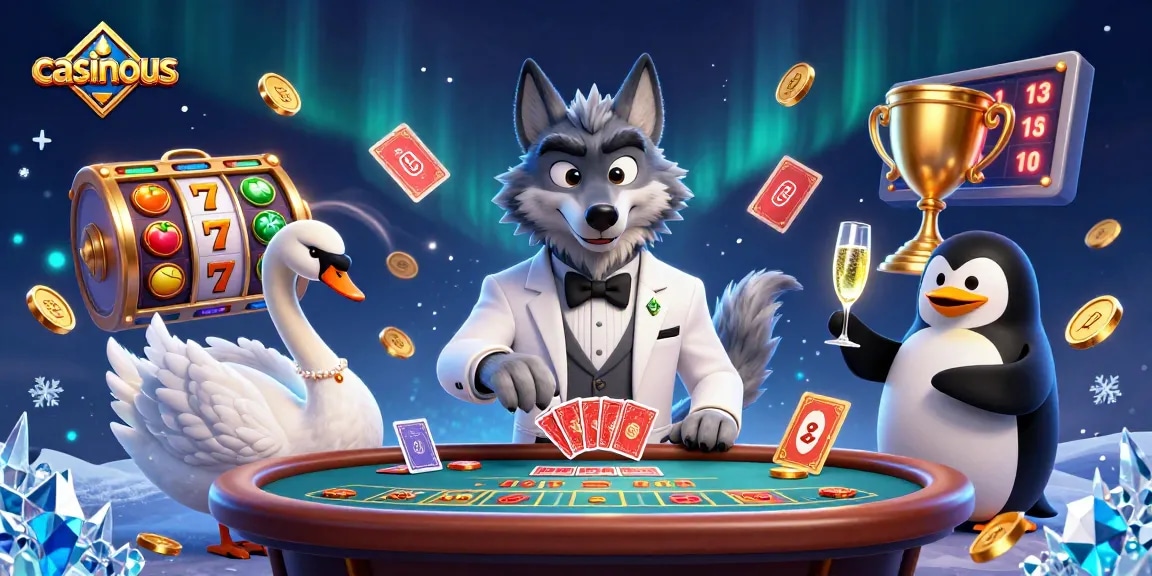 Casinous offers an exciting scene with a debonair wolf, elegant swan, and sophisticated penguin in a vibrant casino setting.