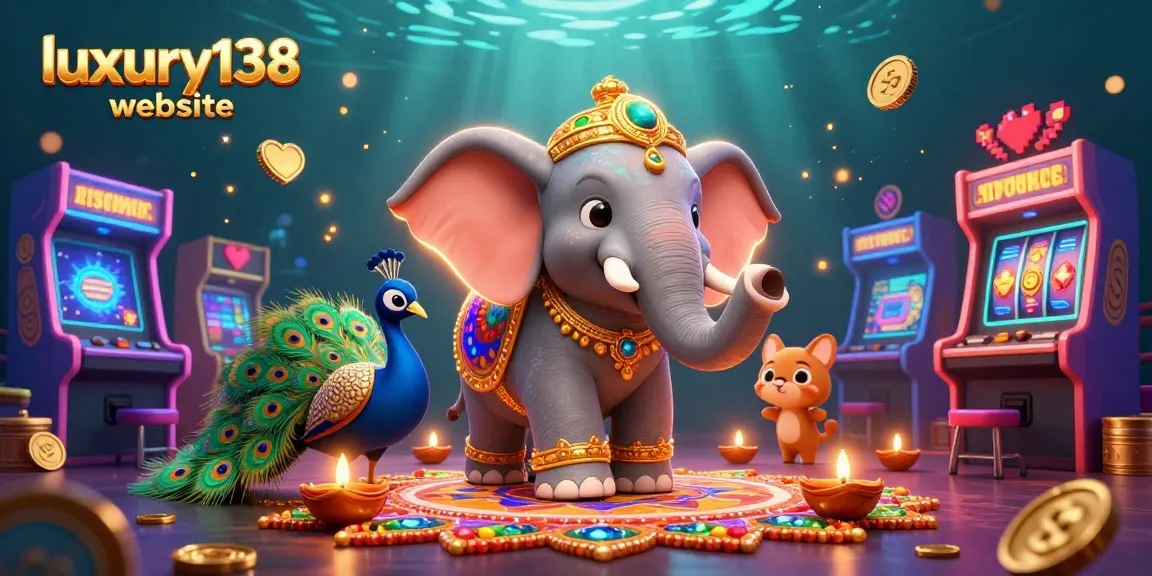 Engage with the luxury138 website showcasing vibrant 3D casino elements, slot reels, and enchanting characters.