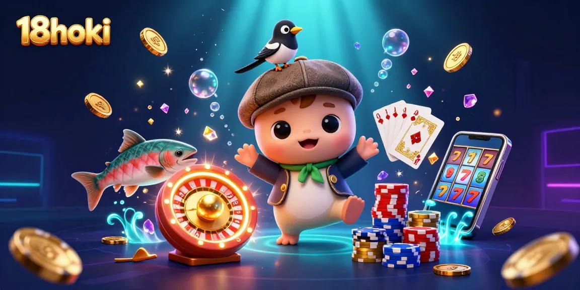 Play and win big with 18hoki at this vibrant 3D casino illustration showcasing playful characters and exciting game elements.