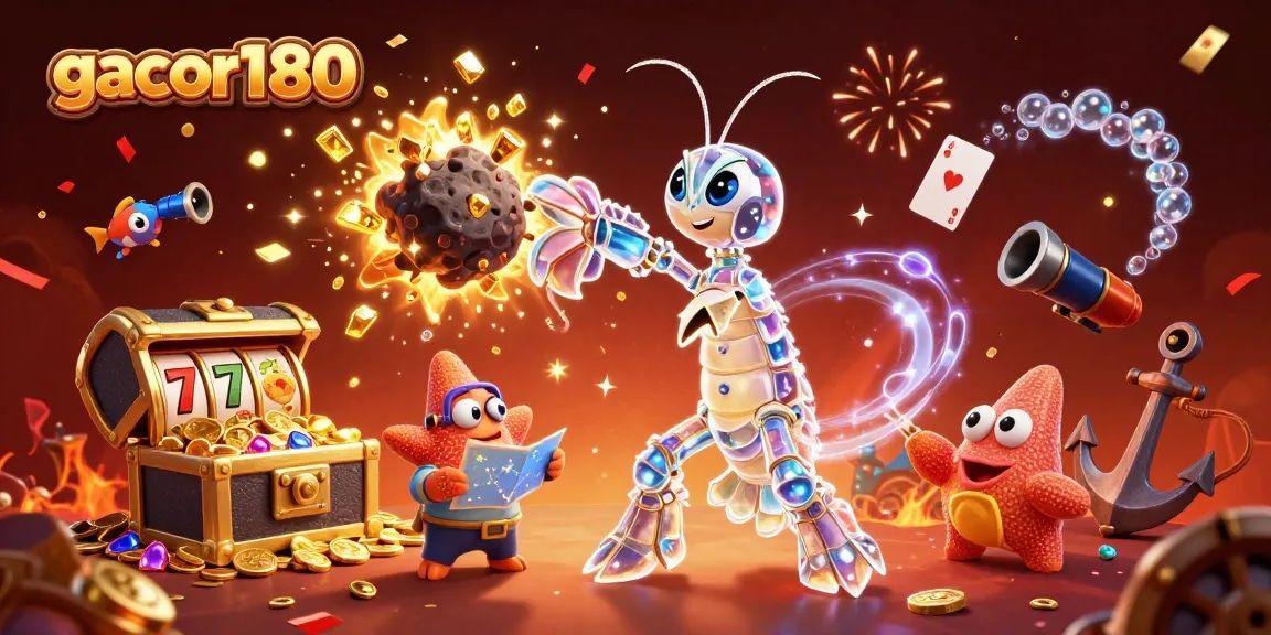 Gacor180 memukau dengan ilustrasi permainan slot mewah, gemerlap koin dan harta karun di lautan.