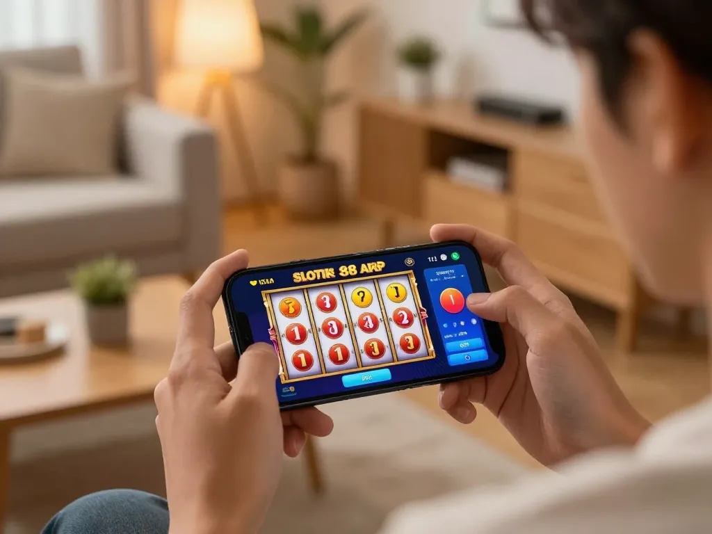 Berkeliling dalam permainan yang mendebarkan di slot88 apk yang menunjukkan kegembiraan mesin slot dalam suasana rumah yang nyaman