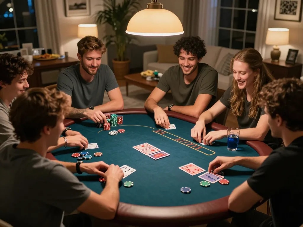 Friends engaging in an exciting poker night at home, showcasing strategic play with PHPVIP cards.