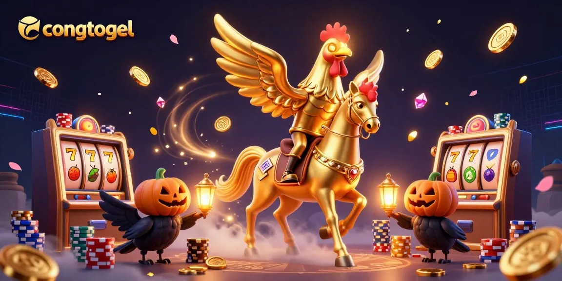 Engage with CongTogel's thrilling atmosphere featuring a golden rooster and vibrant casino elements.