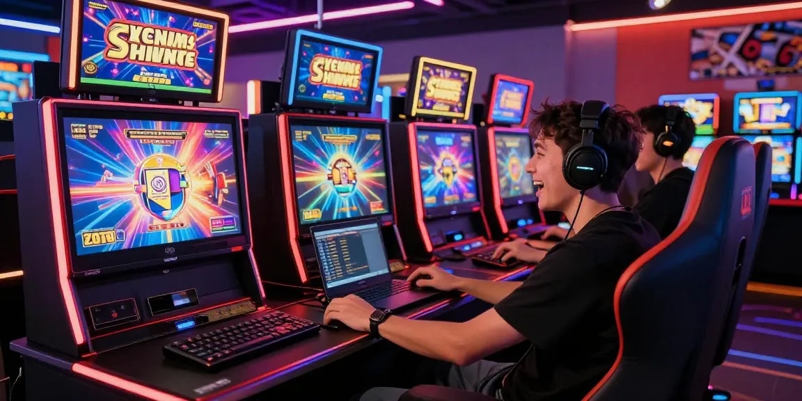 Excited player engaging with vibrant online slot games at a modern gaming setup