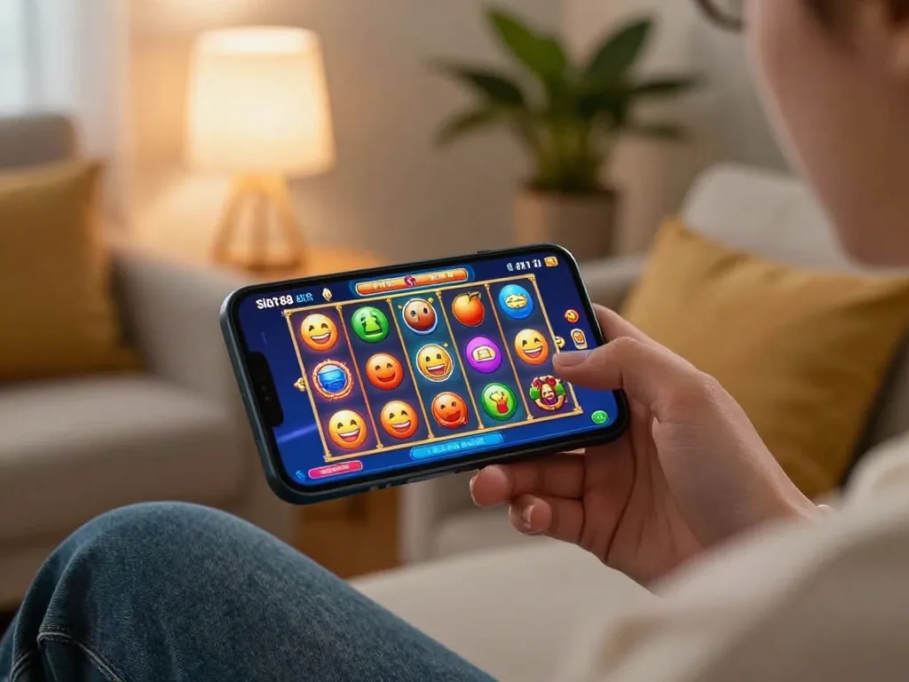 Engaging with the slot88 apk on a smartphone showcasing dynamic slot game graphics in a cozy living room setting.