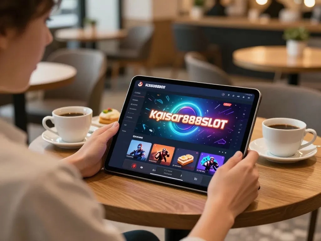 Engaging with kaisar888slot online game on a tablet in a cozy café setting.