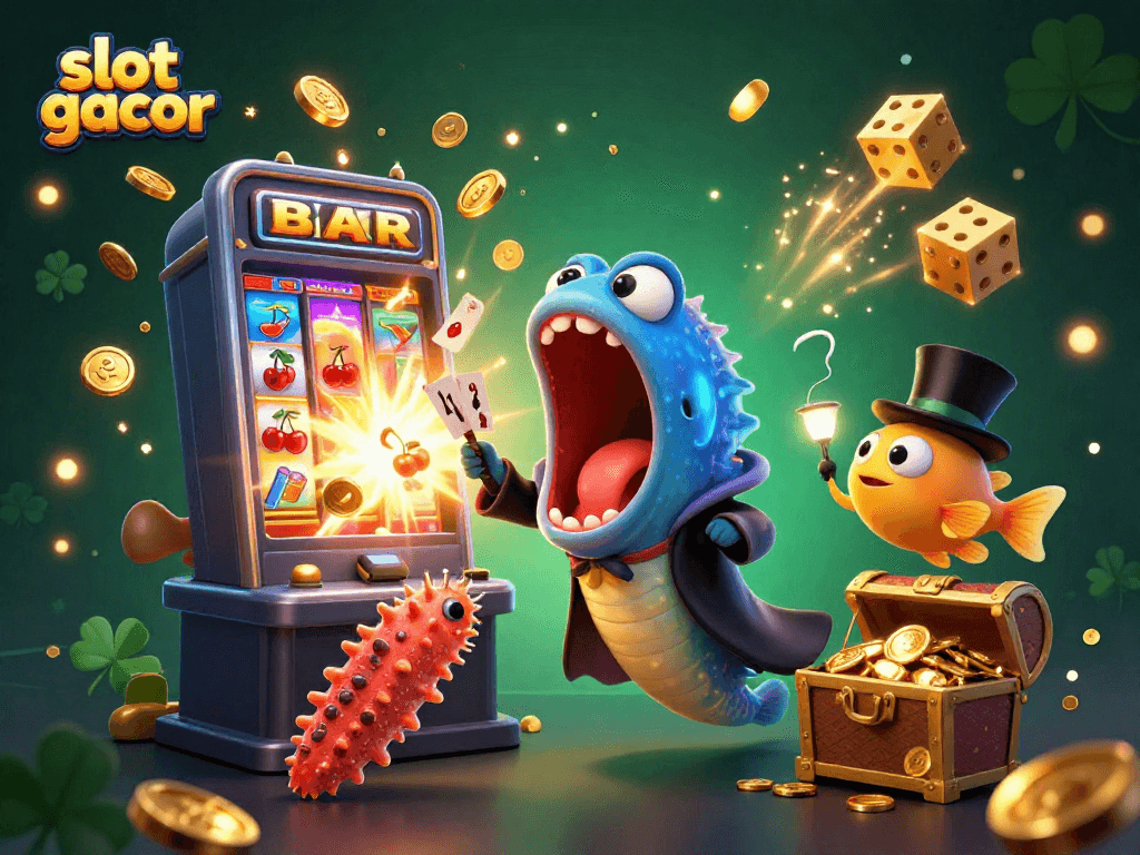 Experience excitement with 'slot gacor' in a vibrant casino scene featuring animated sea creatures.