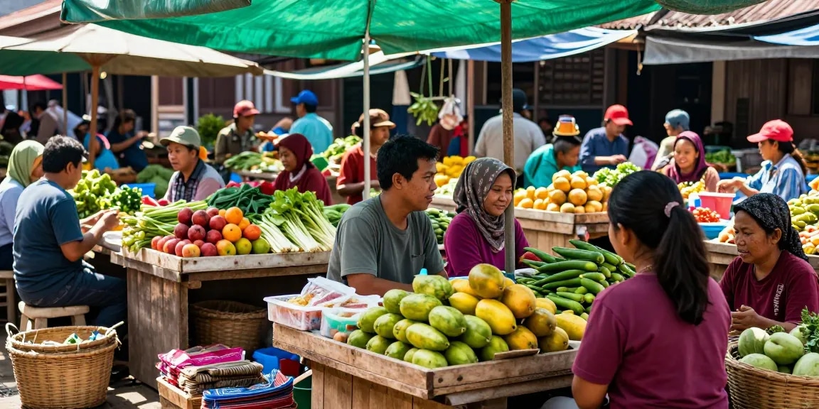 Pasar lokal di Indonesia dengan kebersamaan, penjual menawarkan Leci123 dan barang kerajinan, suasana ramai dan ceria.