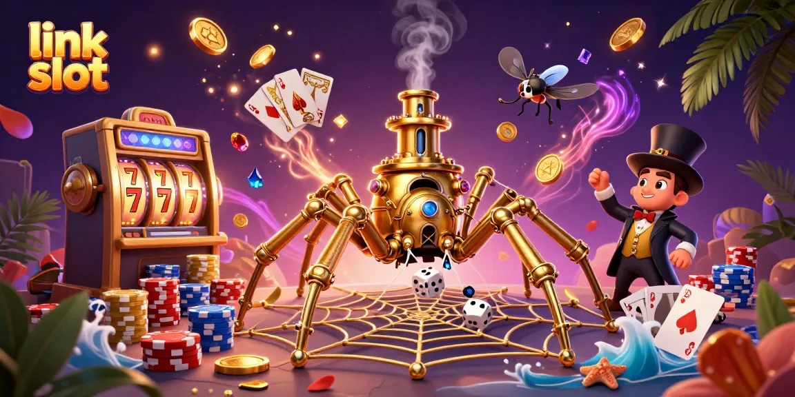 Spin into excitement with link slot featuring a golden spider and vibrant casino elements.