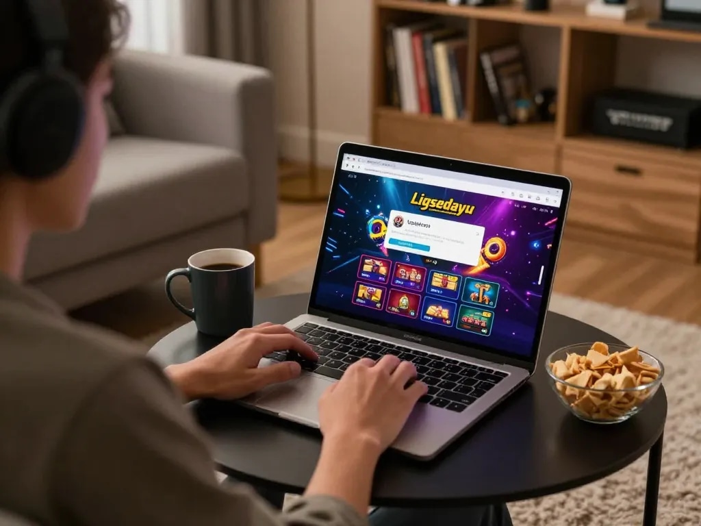 Person engaging with the ligasedayu login page on a laptop in a cozy home setting.