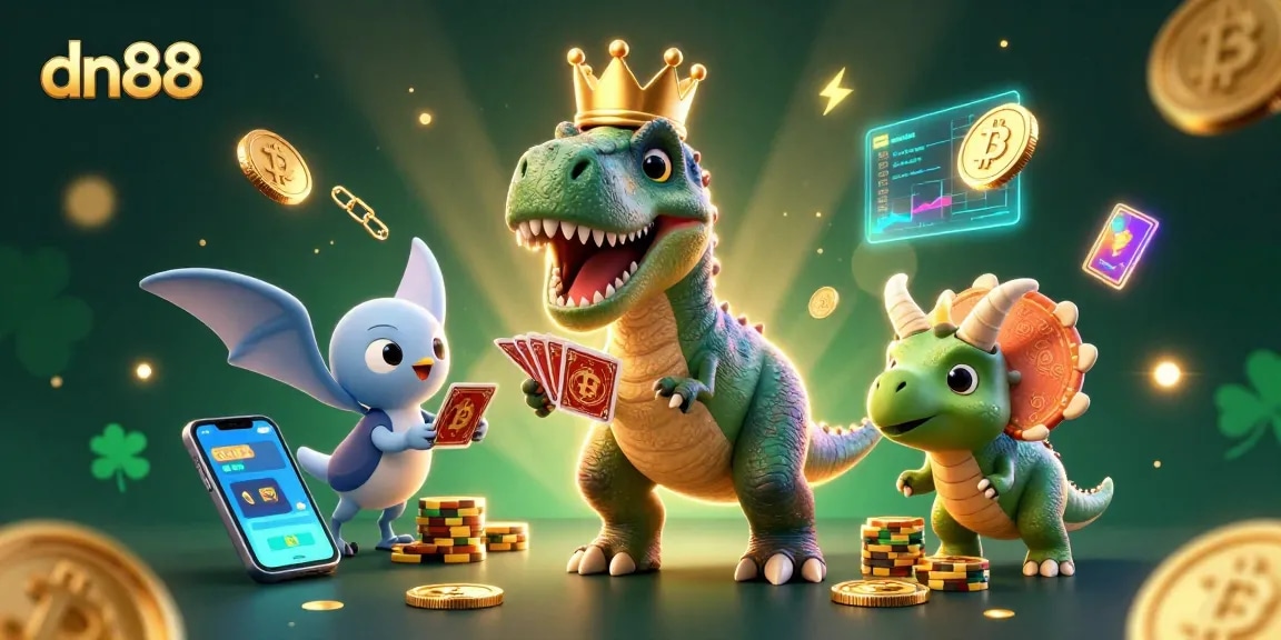 Engage in exciting gameplay with dn88 as playful dinosaurs shuffle cards and stack chips.
