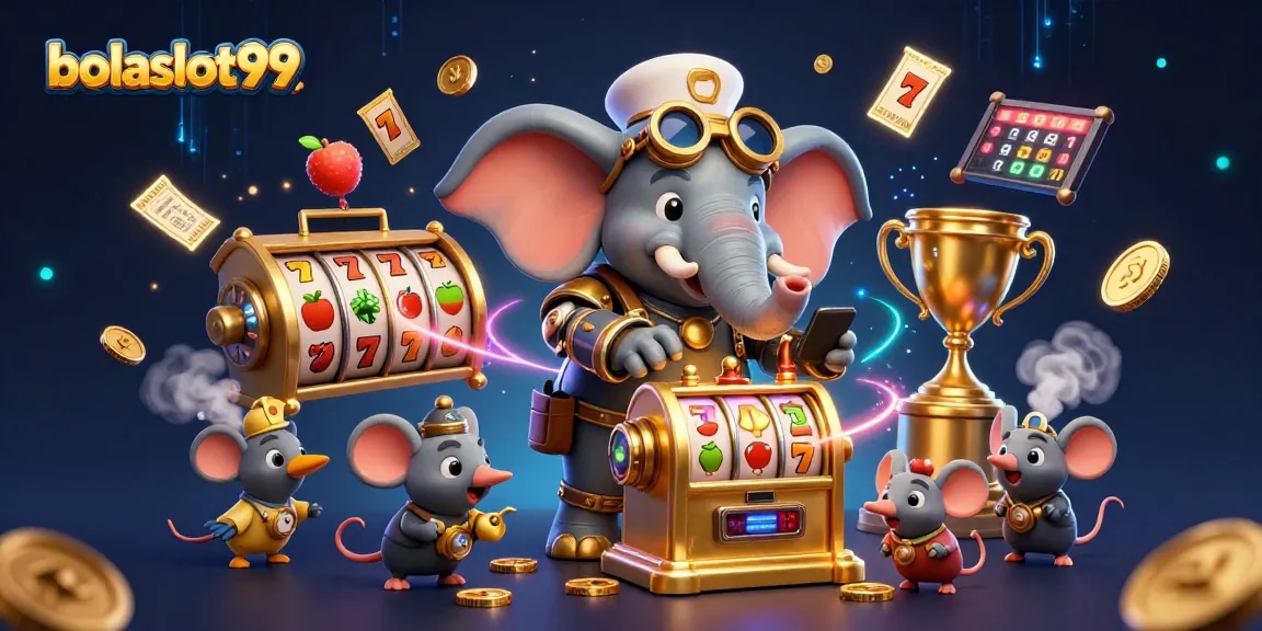 Engage with bolaslot99 as a steampunk elephant operates a golden slot machine amidst vibrant casino elements.