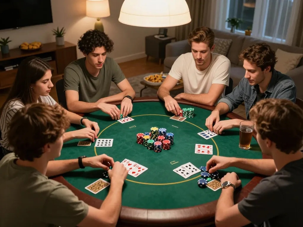 Friends enjoying poker night at home highlighting strategy; rokok88 login for game perks.