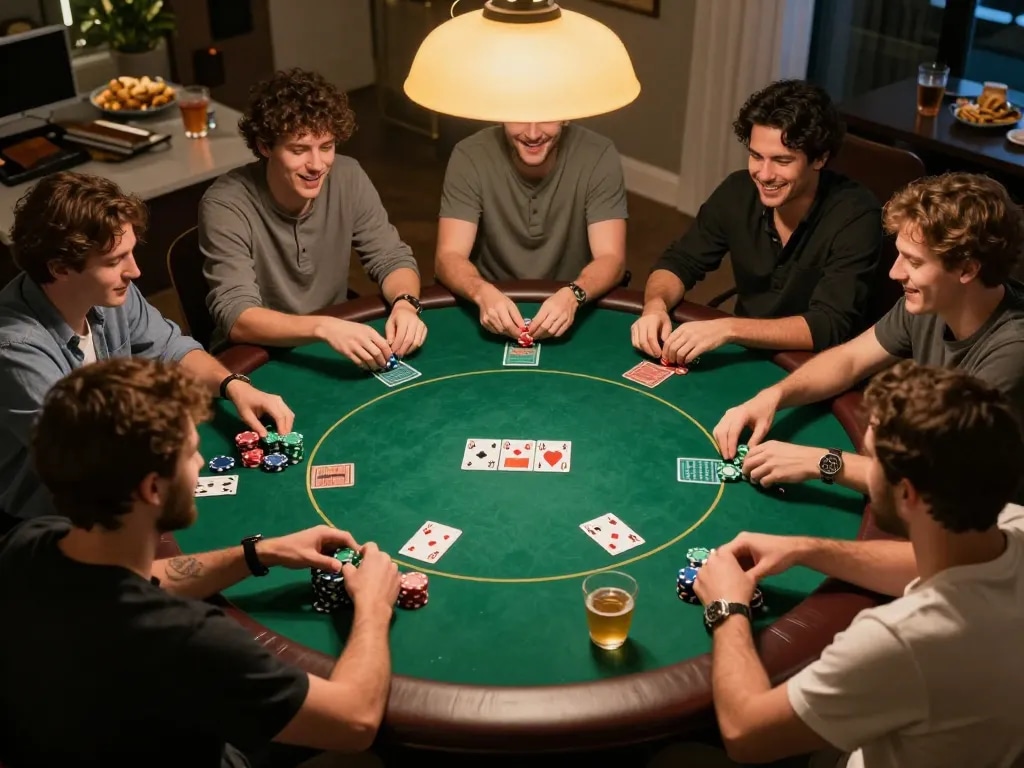 Pemain M88 Mansion Indo menikmati Texas Hold'em di malam poker yang meriah dengan chip dan kartu strategis.