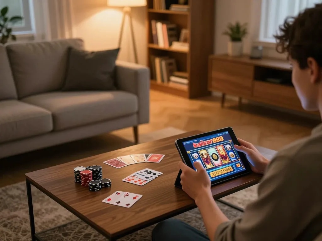 Terlibat dalam slot kaisar888 di tablet dari pengaturan permainan rumah yang nyaman, menunjukkan taruhan yang bertanggung jawab