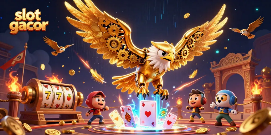 Jelajahi slot gacor dengan ilustrasi 3D burung elang emas cybernetic dalam pertempuran penuh warna yang dinamis.