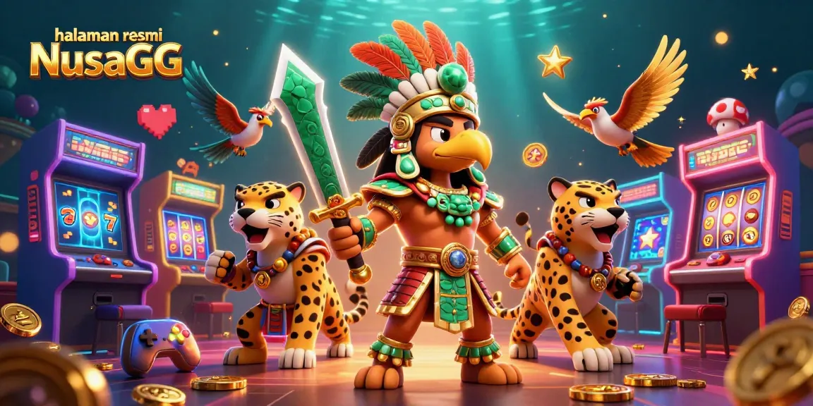 Engage in thrilling gameplay with halaman resmi NusaGG, featuring vibrant casino symbols and dynamic 3D characters.