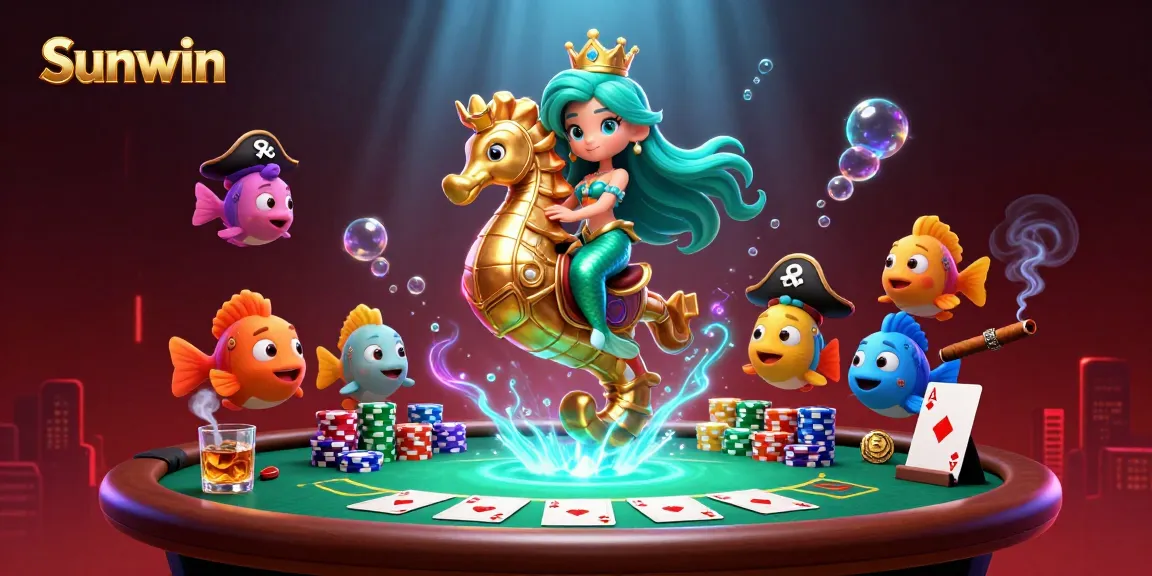 Engaging Sunwin mermaid character in a vibrant casino underwater scene, highlighting exciting poker elements.