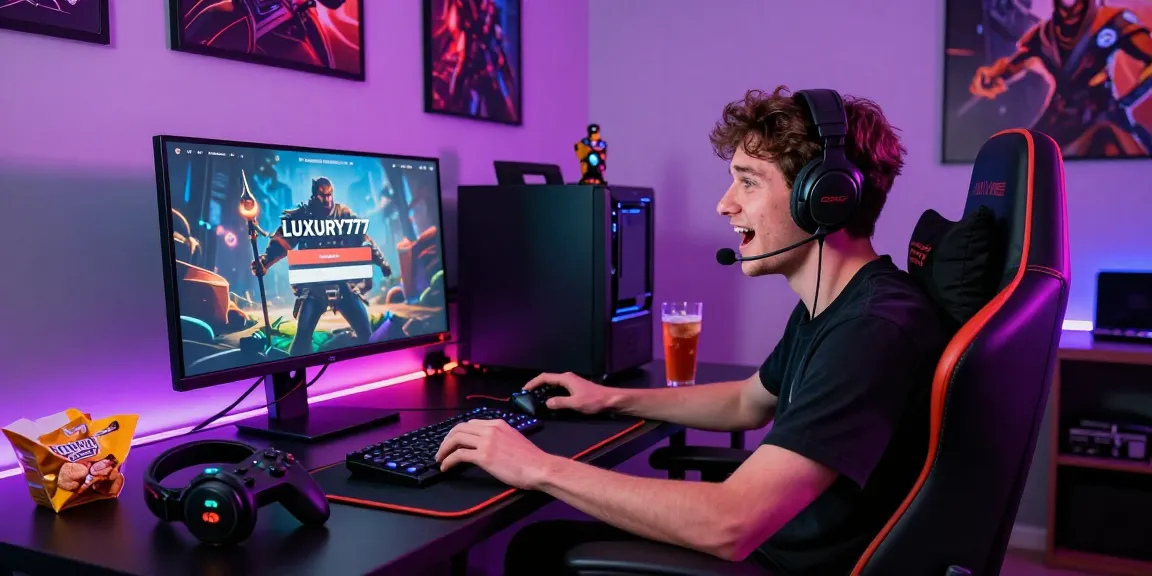 Pengguna LUXURY777 Login di lingkungan bermain game modern dengan monitor canggih dan suasana yang energik.