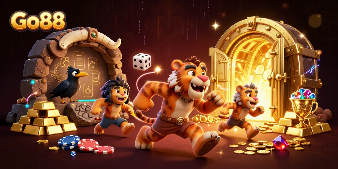 Run thrilling games at Go88 with cartoon characters enjoying casino fun.