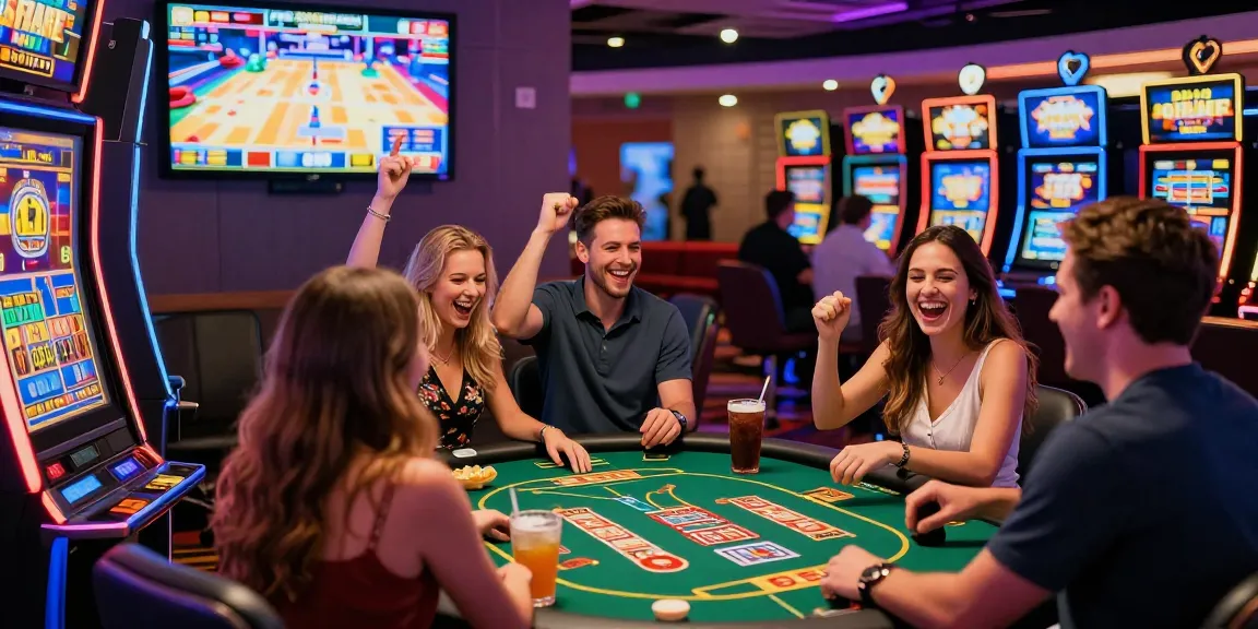 Excited players celebrating a win at the ling4d casino slot machine, vibrant gaming atmosphere.
