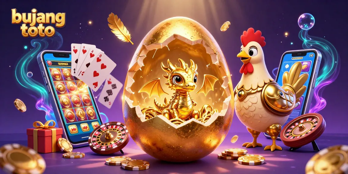 Berpartisipasi dalam permainan bujang toto dengan baby dragon emas diantara uang poker dan slot game yang berputar.